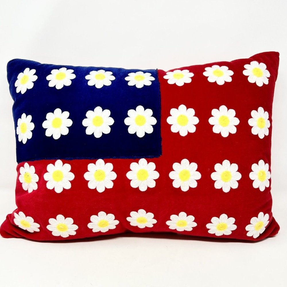 Red White Blue Throw Pillow Daisies Embroidered Velvet 15x20 Americana Patriotic